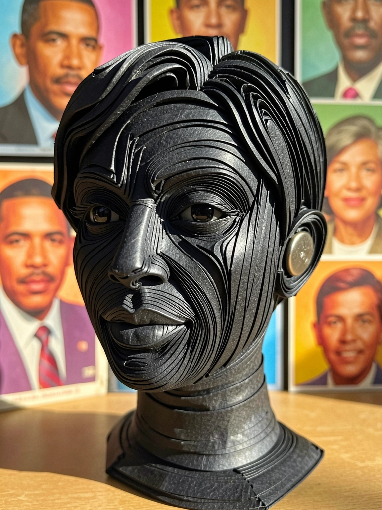 Close-up de escultura de papel preto em formato de rosto feminino, feita com tubos enrolados, com botão metálico na lateral e retratos vintage ao fundo desfocado.