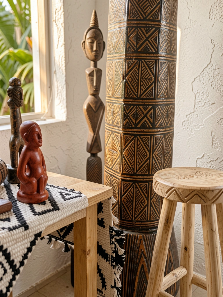 Pilar cerâmico alto com padrão geométrico contra parede texturizada, pequena figura marrom-avermelhada sobre mesa de madeira, banhado por luz natural tropical.