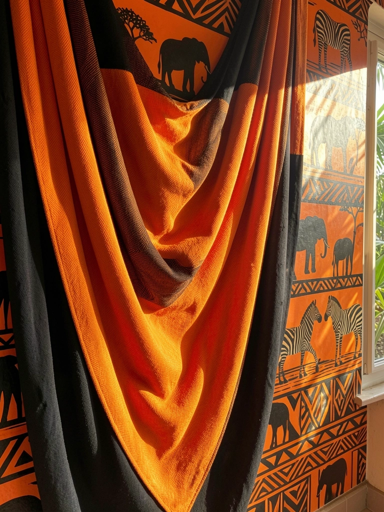 Mural laranja e preto com silhuetas de elefantes e zebras, cortinas de tecido texturizado em primeiro plano, luz natural filtrando.