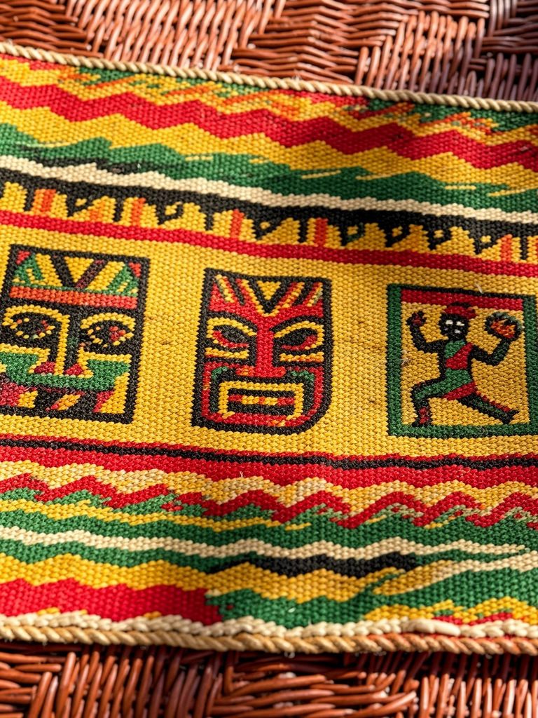 Detalhe de tapeçaria tecida com padrões geométricos amarelo, vermelho, verde e preto, máscara tribal e figura dançante, sobre fundo texturizado marrom-avermelhado, luz natural.