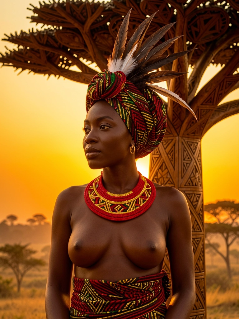 Mulher negra com turbante estampado e cocar de penas, colar vermelho e dourado, escultura de acácia ao fundo, luz dourada de pôr do sol.