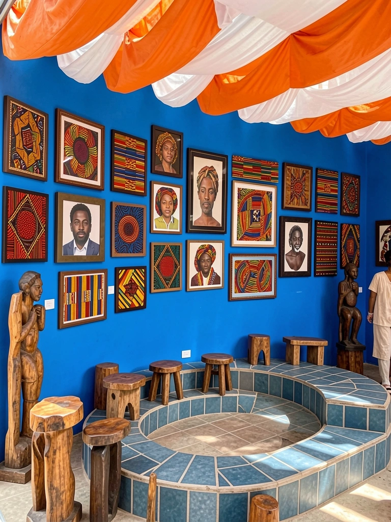 Parede azul vibrante com quadros de tecidos africanos, esculturas de madeira e assentos ao redor de área ladrilhada, luz natural.