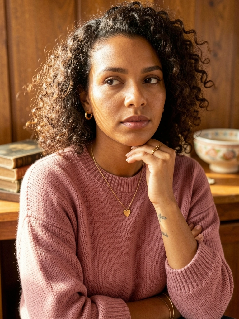 Mulher de cabelos cacheados e suéter rosa-rosado de tricô, colar com pingente de coração, pulseiras douradas e tatuagem no pulso, livros antigos e tigela de cerâmica ao fundo desfocado, luz natural suave.