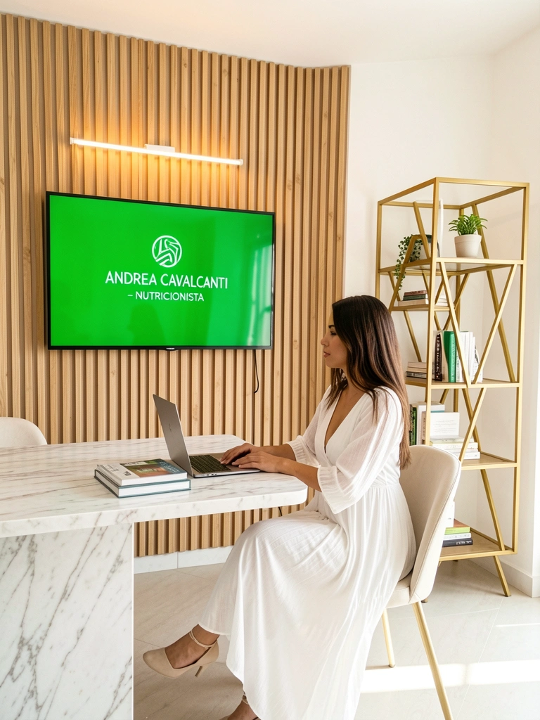 Mesa de mármore com laptop e livros, mulher de vestido branco sentada, parede de ripas de madeira e TV verde com logotipo, estante geométrica dourada com planta ao lado, iluminação natural e neon.