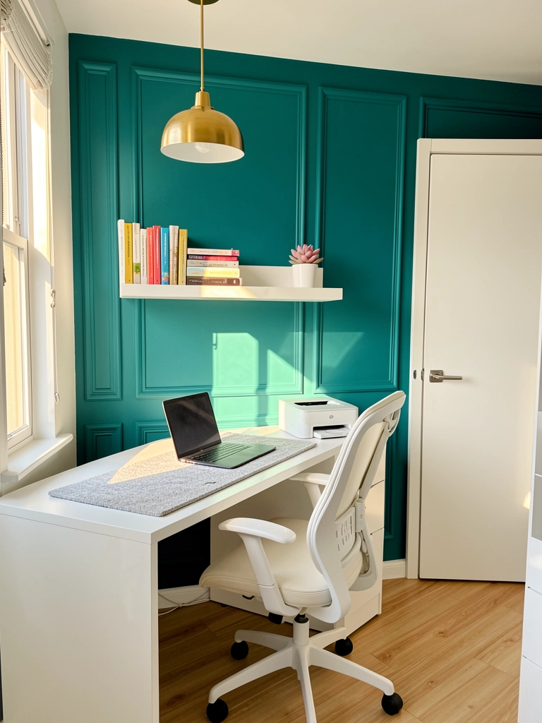 Laptop e cadeira ergonômica branca em mesa clara, parede teal com moldura detalhada e estante com livros e suculenta, luz natural.