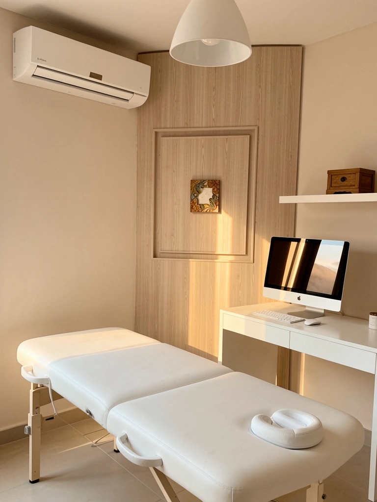 Maca branca em clínica de fisioterapia minimalista, painel de madeira bege com nicho quadrado e obra decorativa, monitor no fundo e luz natural quente.