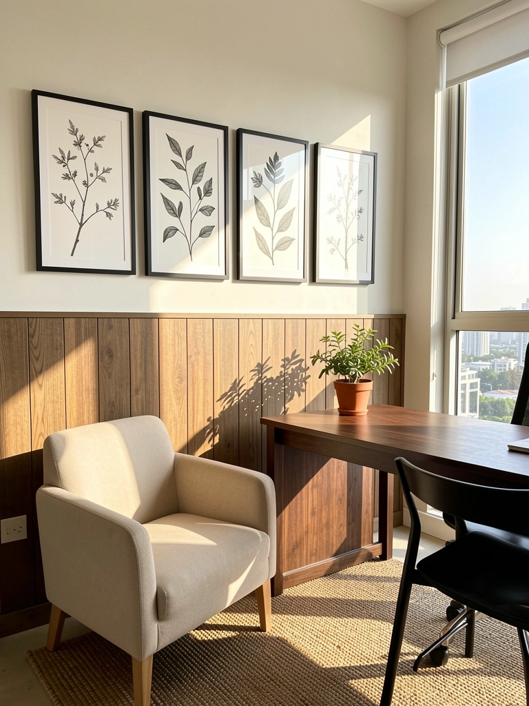 Poltrona bege estofada ao lado de escrivaninha de madeira escura com cadeira preta, tapete trançado, painel de madeira com gravuras botânicas e vaso de planta sobre a mesa, luz natural vinda da janela com vista urbana.