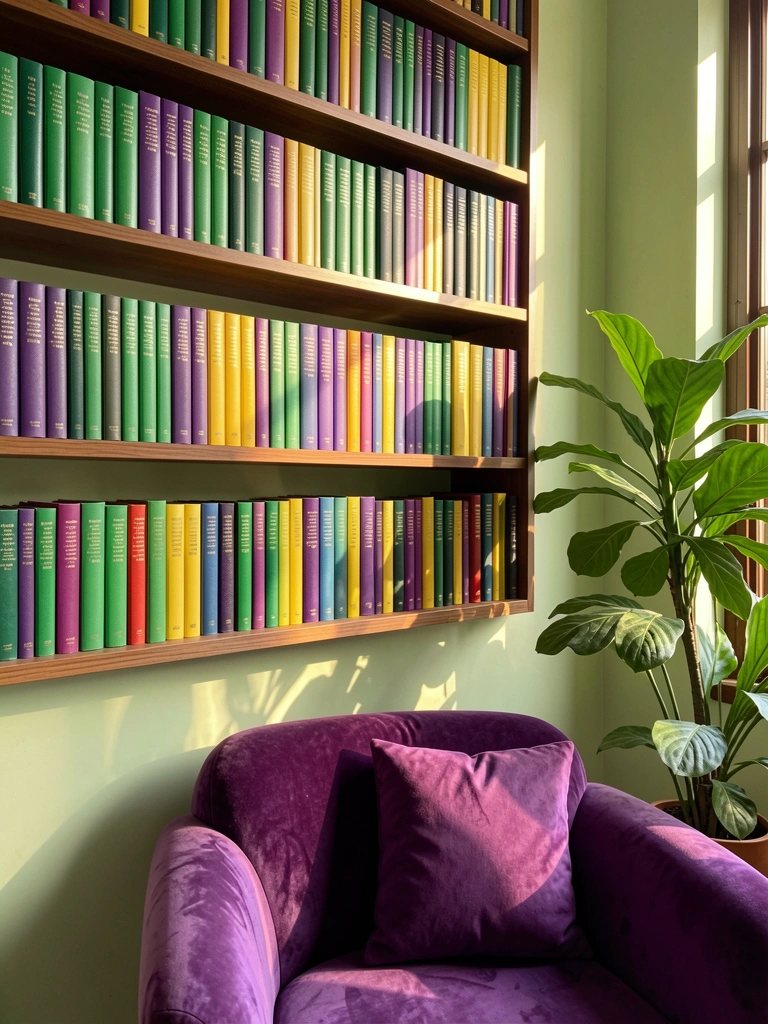 Veludo roxo, livros verdes e amarelos em estante, luz solar entrando pela janela, almofada lilás na poltrona.