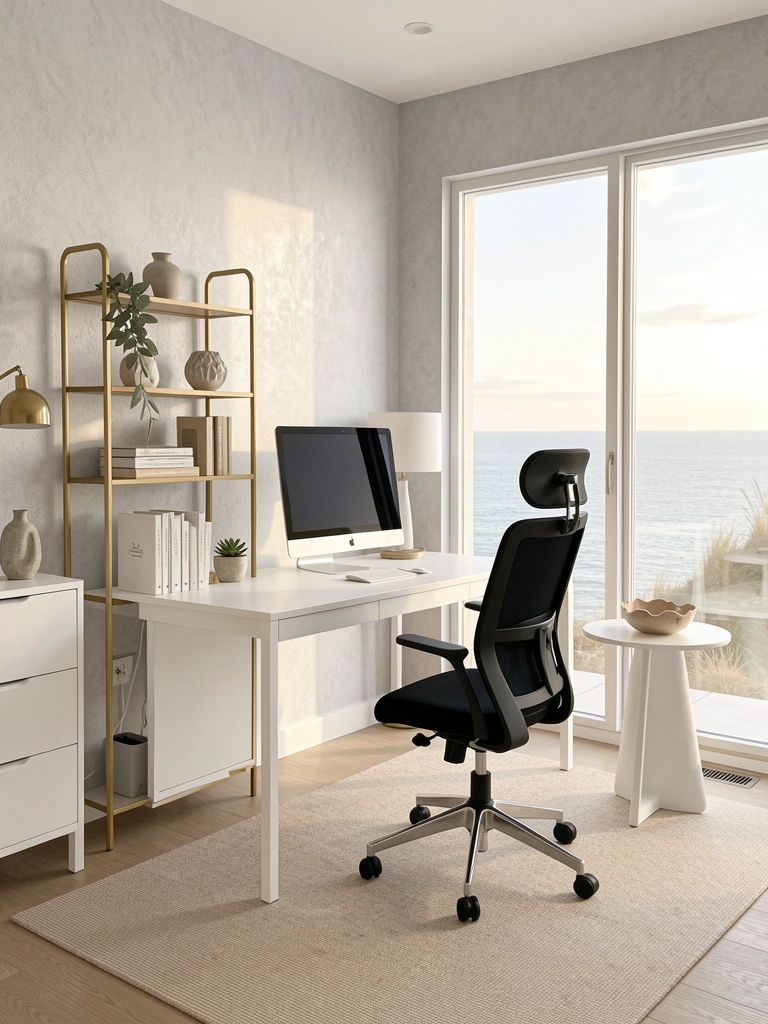 Mesa branca com monitor e cadeira ergonômica preta, estante dourada com livros e objetos, janela com vista para o oceano e luz natural.