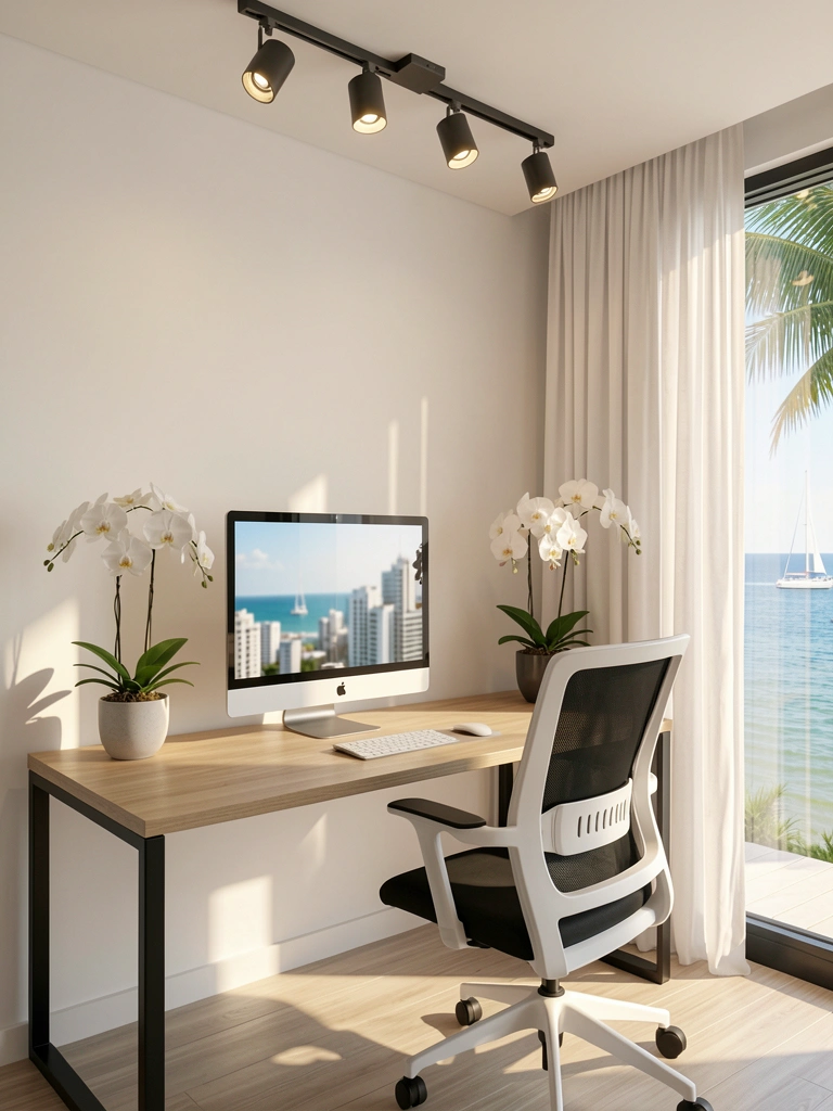 Trilho de spotlights pretos no teto ilumina mesa de escritório com monitor e cadeira mesh, com vista para o mar e orquídea.