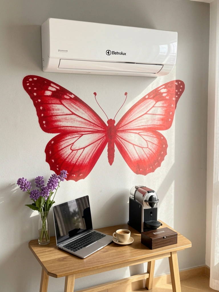 Ar condicionado branco com asas de borboleta vermelhas pintadas na parede cinza, mesa com laptop, cafeteira Nespresso e flores roxas em vaso, luz natural da direita.