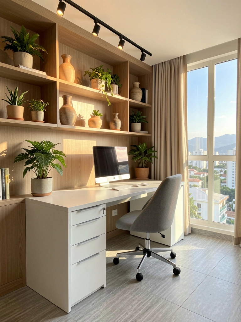 Mesa branca com computador sob prateleiras de madeira com vasos e plantas, luz natural de janela com vista para cidade e montanhas.