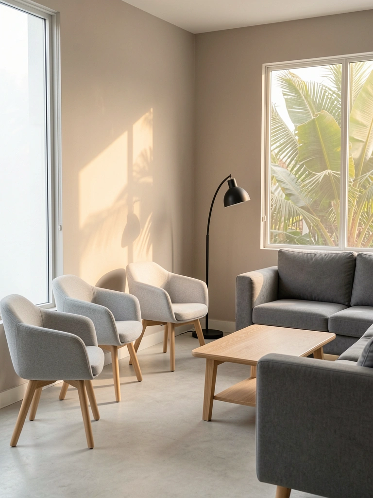 Poltronas cinza claro com pernas de madeira em semicírculo, sofá cinza, abajur preto de pescoço curvo e mesa de centro de madeira clara sob luz natural difusa de janela grande.