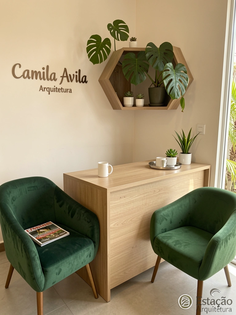 Mesa de recepção de madeira clara com poltrona verde, prateleira hexagonal com plantas e caneca branca, luz natural.