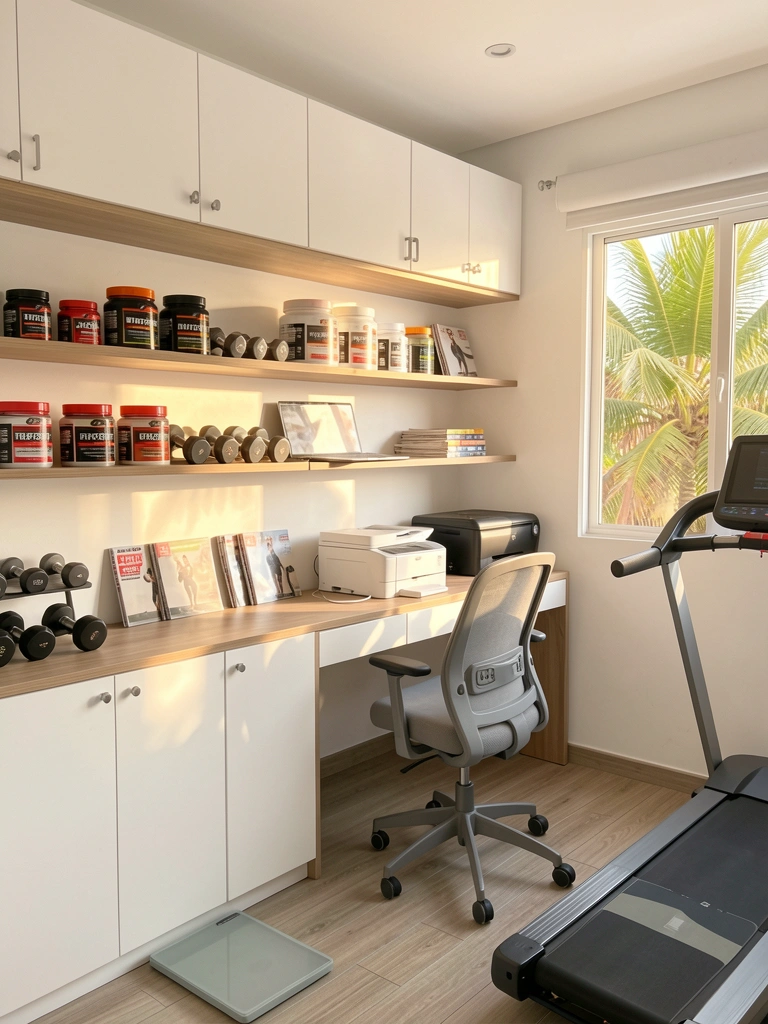 Luz natural incide sobre armários brancos, prateleiras de madeira com potes de proteína, halteres e revistas de fitness, e uma esteira no canto.
