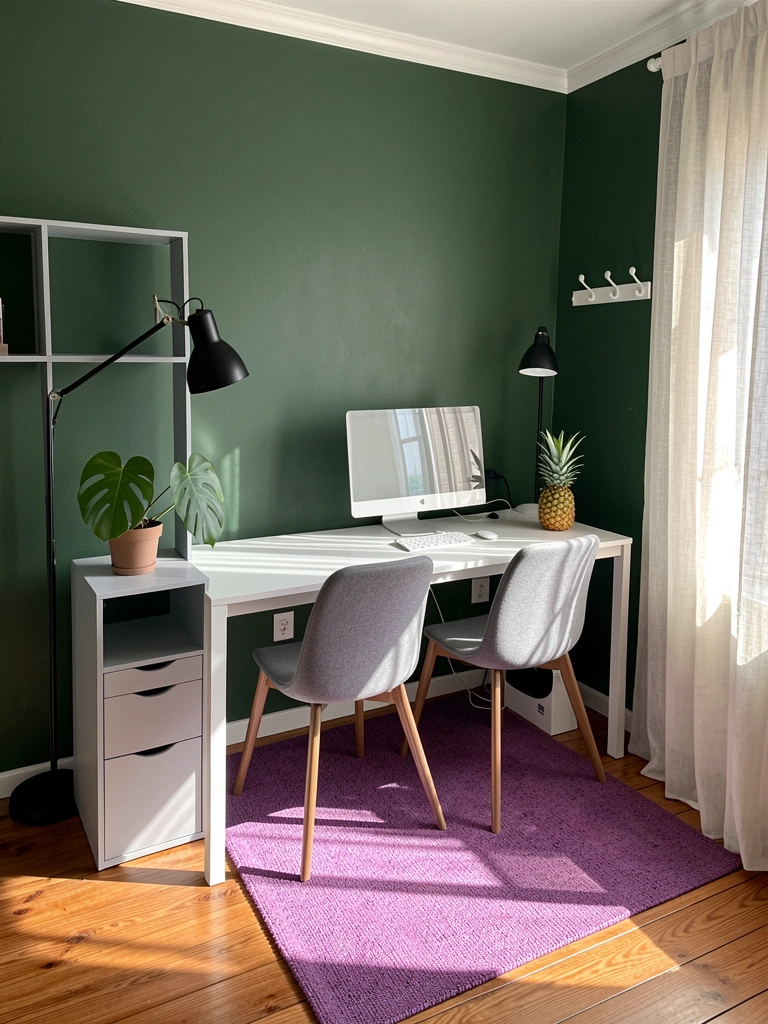 Parede verde escura, mesa branca com dois monitores, estante modular cinza, luminária preta e plantas em vasos sob luz natural.