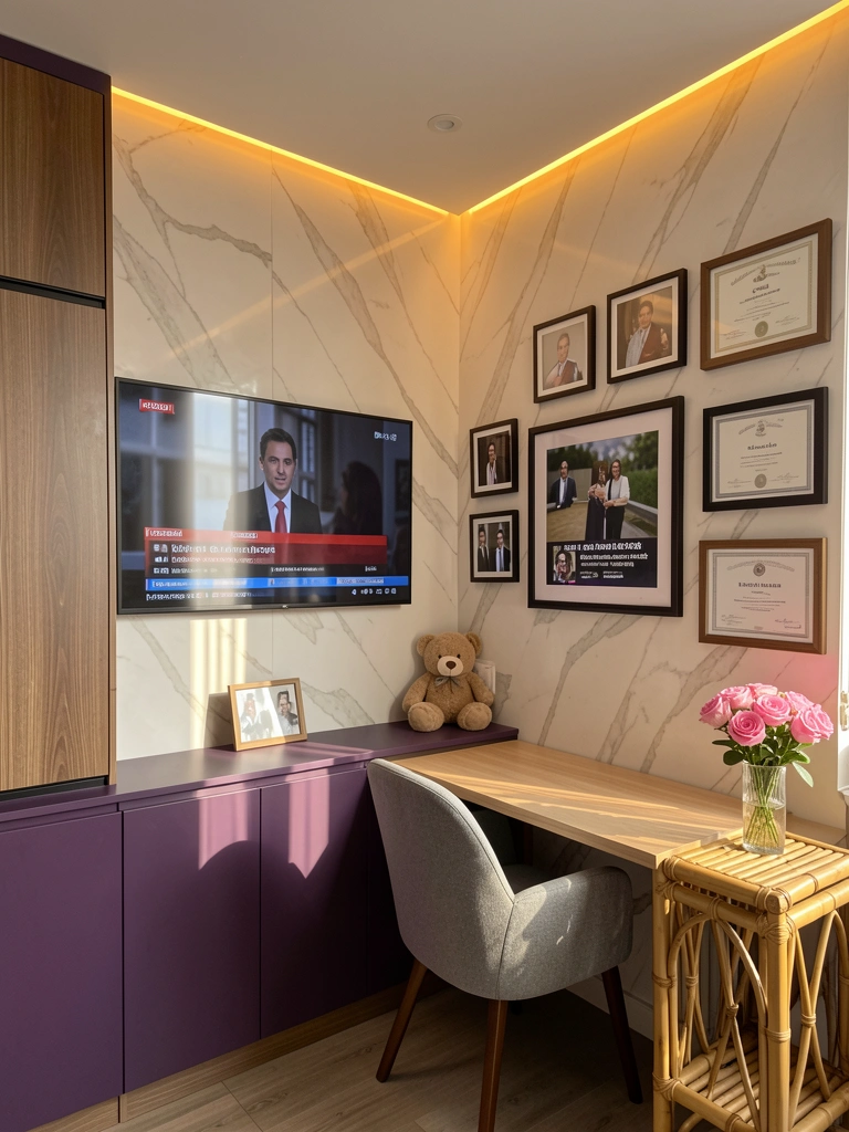 Armário roxo escuro com detalhes em madeira, parede marmorizada, TV com feed de notícias, mesa clara e urso de pelúcia.