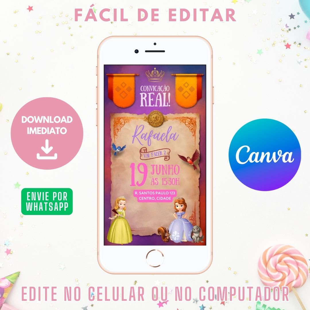 como fazer convite princesa sofia no celular
