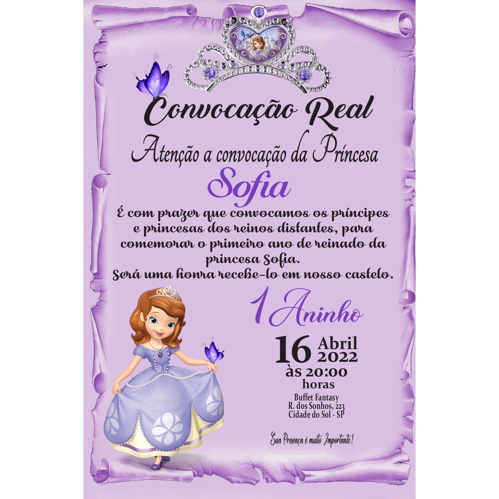 template convite princesa sofia whatsapp