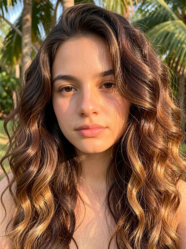 Jovem com cabelos castanhos escuros e mechas caramelo, ondas volumosas, pele com brilho natural, luz do dia suave e fundo verde desfocado.