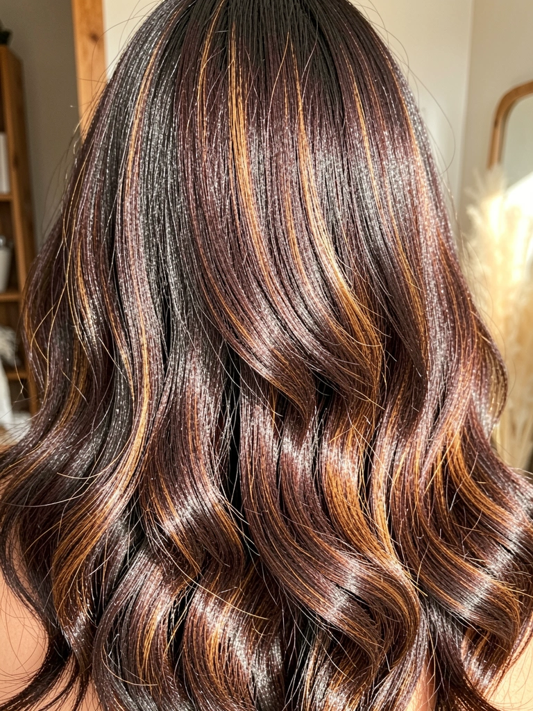 Cabelos castanho-escuros com mechas carameladas e balayage, iluminados por luz natural, com fundo neutro e madeira.