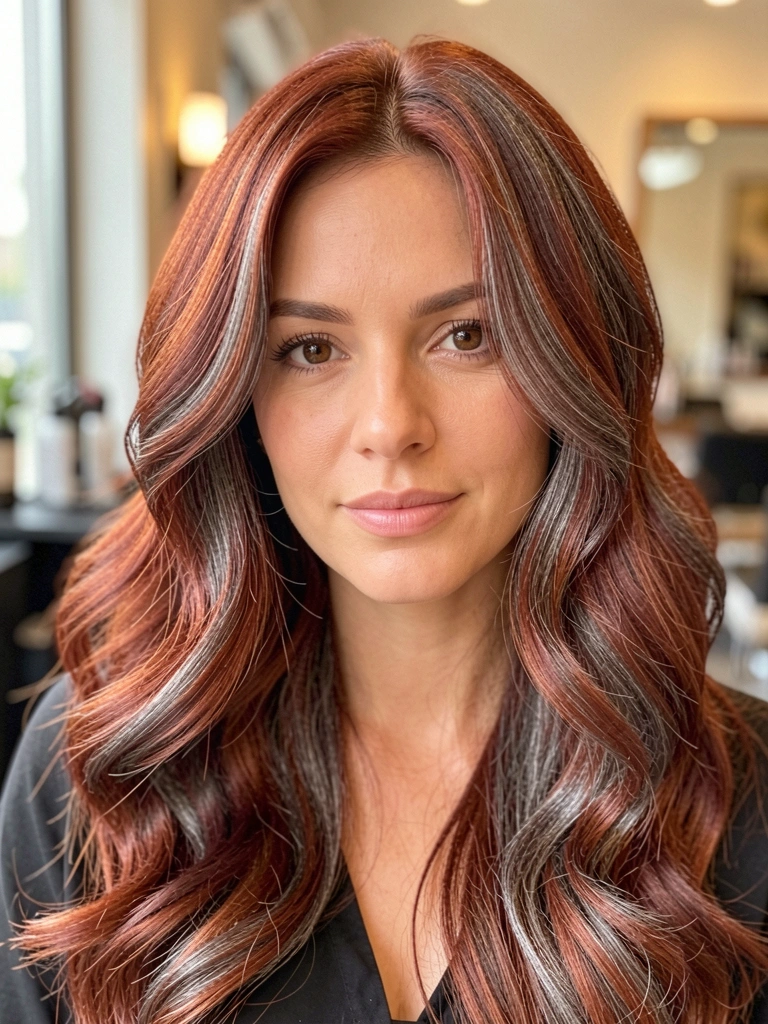Close-up de cabelo ruivo-acobreado com ondas suaves, destaque em cinza e luz natural difusa, fundo de salão desfocado.