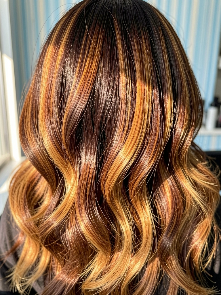 Cabelo castanho escuro com mechas carameladas e douradas em ondas soltas, luz solar destacando o balayage, fundo desfocado com parede listrada azul.