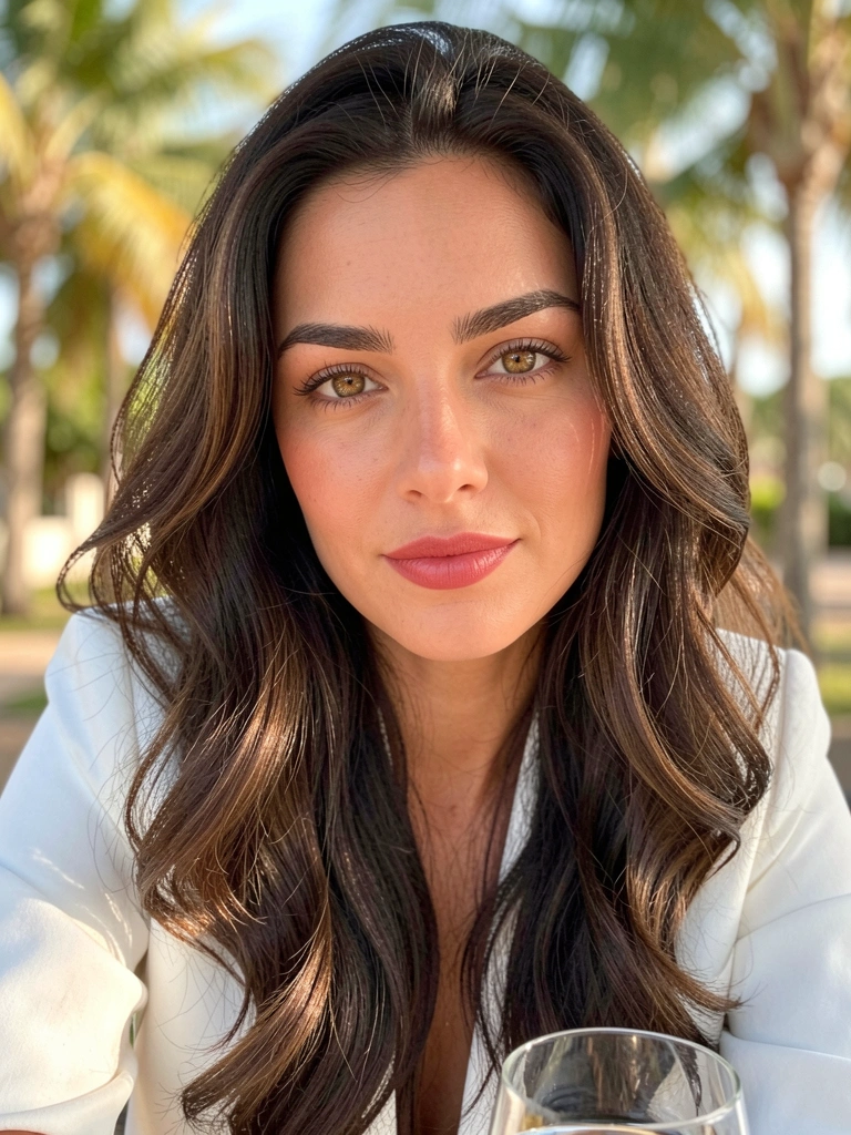 Retrato de perfil de mulher com cabelos castanhos ondulados, blazer branco texturizado e olhos avelã, iluminação suave natural.
