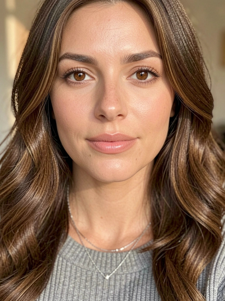Mulher de cabelo castanho ondulado e olhos castanhos, usando suéter cinza canelado e colar de prata, luz suave destacando textura da pele.