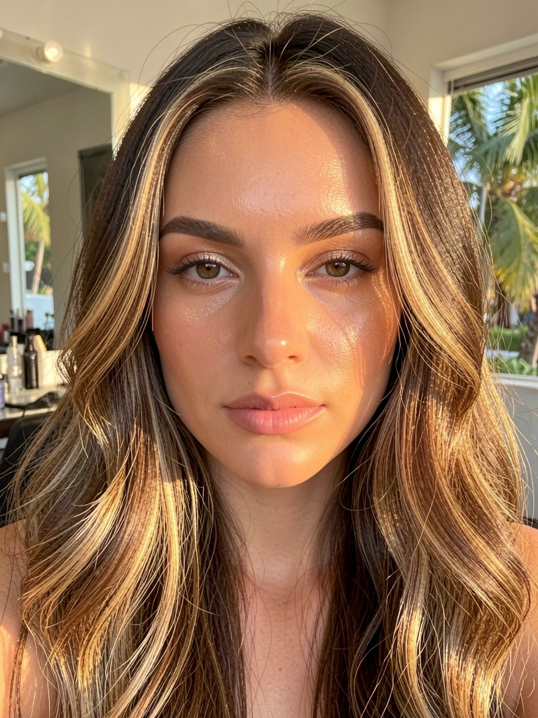 Close-up de mulher com cabelos castanhos ondulados e mechas loiras, pele iluminada, maquiagem natural, luz suave e fundo com reflexo de espelho de salão.