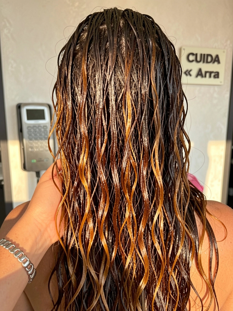 Cabelo longo e ondulado, molhado e brilhante, com mechas carameladas, pulseira de prata no pulso e parede de salão com placa