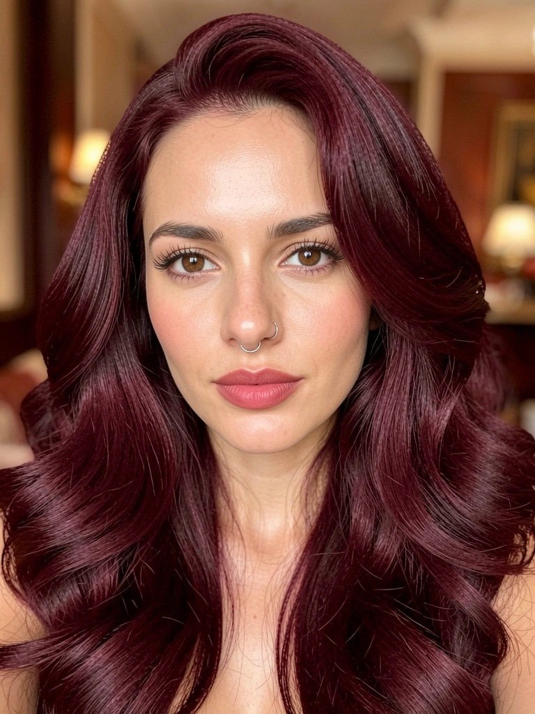 Mulher com cabelos castanho-mogno ondulados, brinco discreto e pele iluminada por luz suave, fundo desfocado.