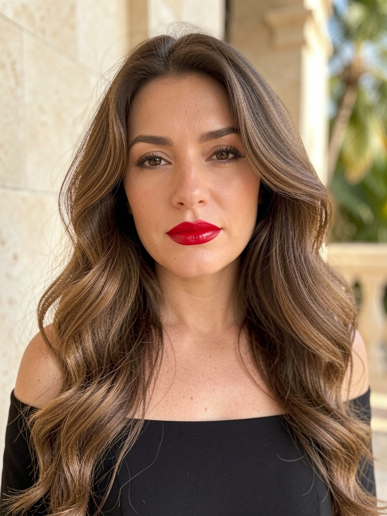 Mulher de cabelos castanhos ondulados e batom vermelho, vestido preto off-shoulder, luz suave destacando a textura da pele e o brilho dos lábios, fundo de parede de pedra bege desfocada.