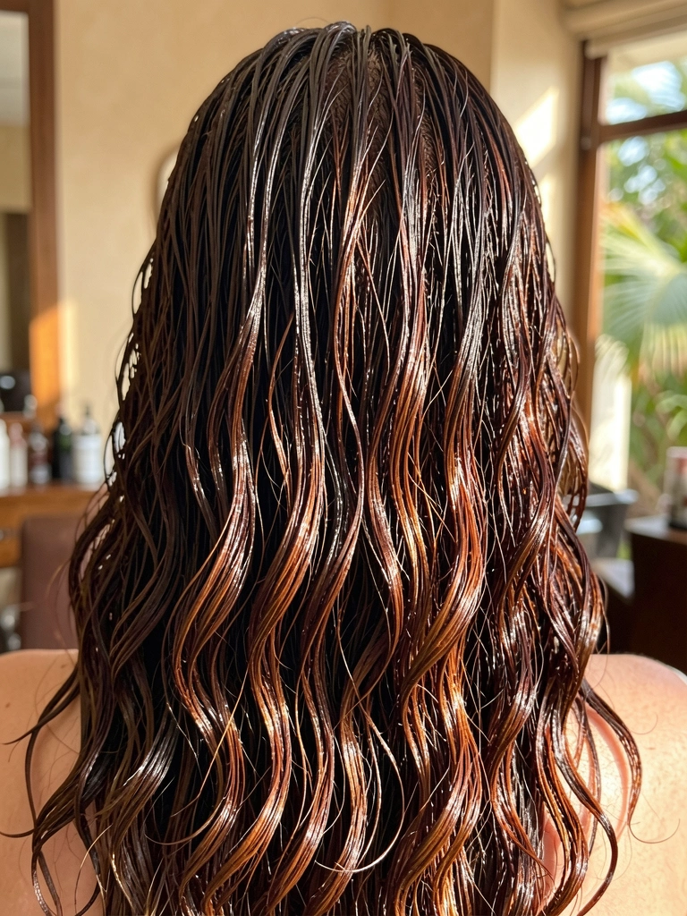 Cabelo castanho acinzentado com mechas avermelhadas, ondas definidas e acabamento molhado, iluminado por luz natural quente.