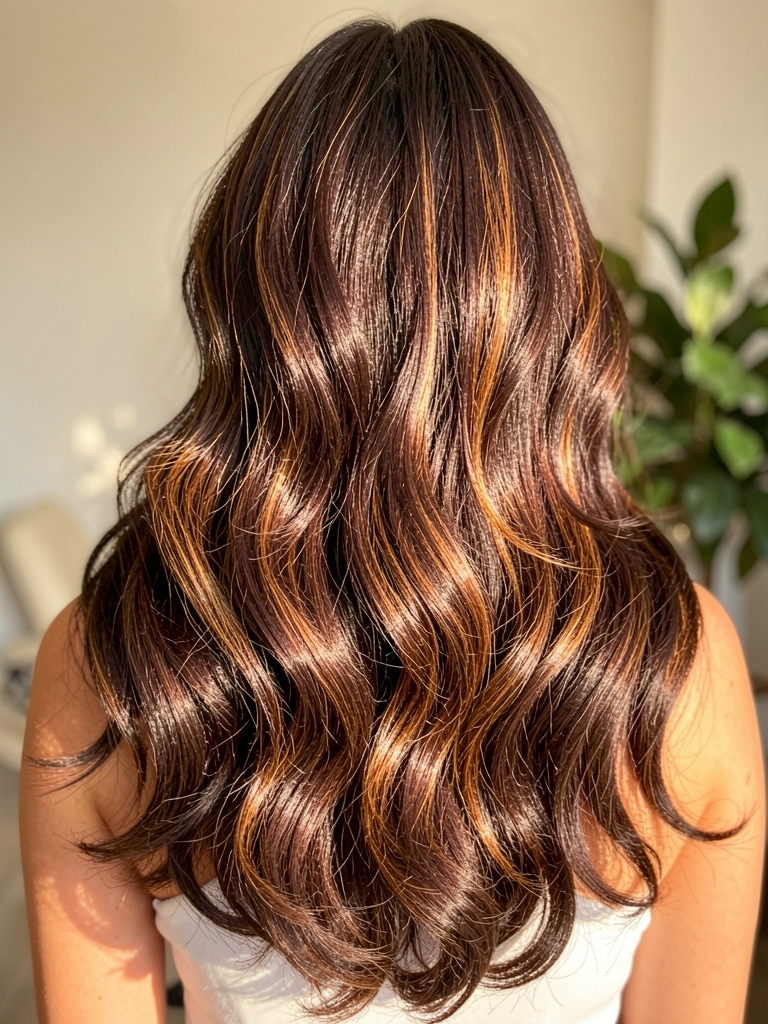 Cabelo castanho chocolate com mechas caramelo em ondas soltas, iluminado por luz difusa quente, fundo desfocado com folhagem verde.