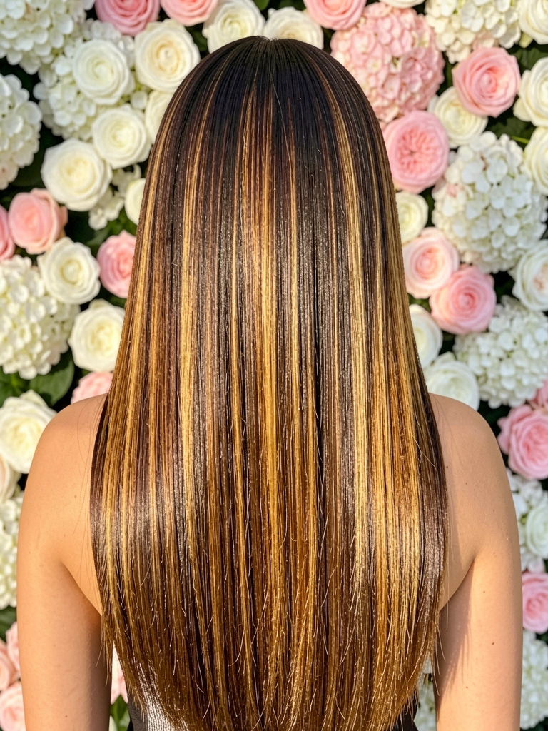 Cabelo castanho escuro com balayagem caramelizada caindo sobre as costas, fundo com rosas brancas e rosas desfocadas em bokeh, luz natural realçando o brilho dos fios.
