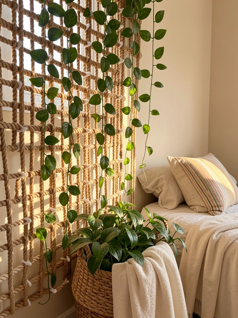 Divisor de corda trançada com trepadeiras verdes pendentes, luz solar filtrada por frestas, cesto de vime com plantas sob manta creme ao lado de cama listrada.