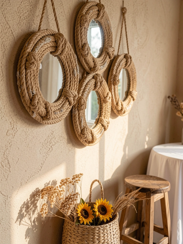 Três espelhos circulares de corda natural pendurados em parede texturizada bege, com cesto de vime e girassol sob luz natural suave.