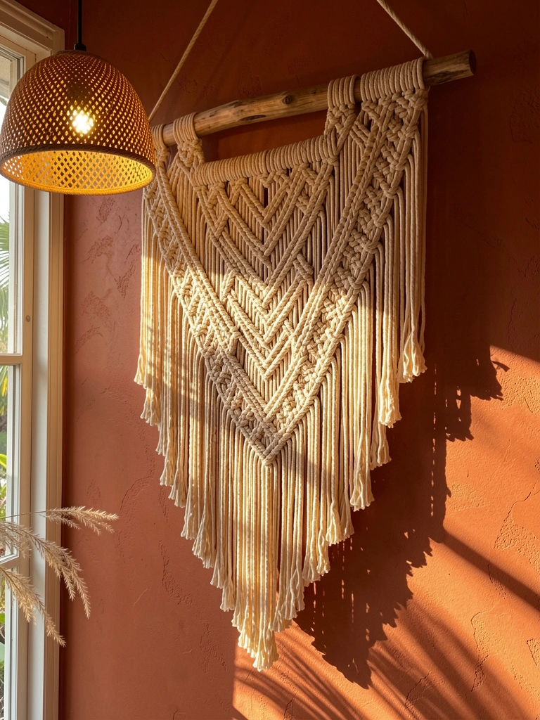 Macramê bege e creme com franjas pendurado em barra de madeira rústica, luz dourada de luminária de palha projeta sombras na parede texturizada terracota.