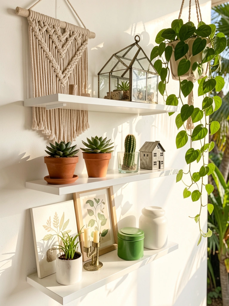 Estante branca com macramê bege, terrário geométrico de metal, suculentas e cactos em vasos, moldura botânica e luz natural.
