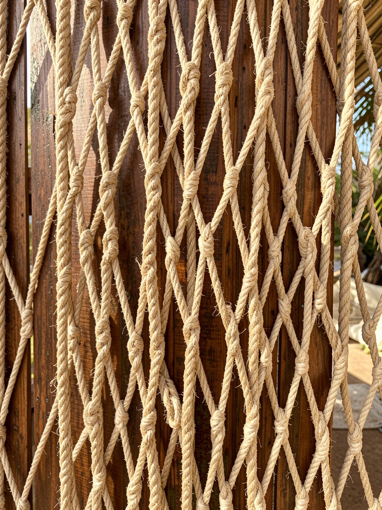 Painel rústico de madeira escura com rede de corda natural bege pendurada, luz do dia e fundo desfocado.
