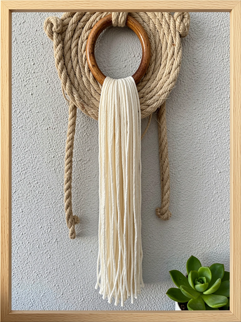 Trançado de corda natural com argola de madeira e franja longa, parede texturizada cinza e suculenta verde no canto.