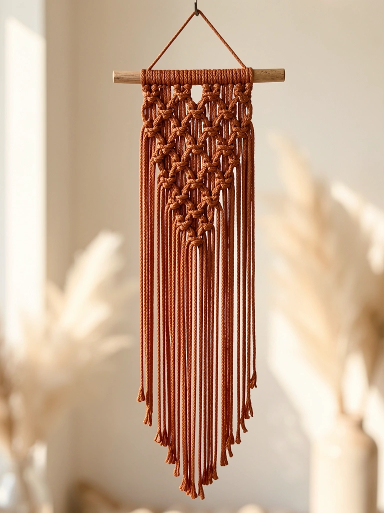 Macramê em cobre com franjas longas pendurado em gancho, iluminado por luz natural suave, textura visível dos nós.