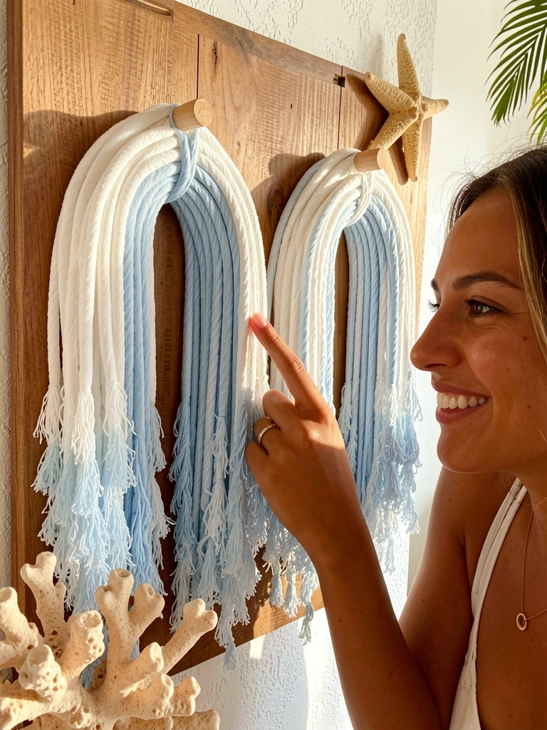 Arcos de cordão azul e branco pendurados em painel de madeira, mulher tocando um deles, escultura de coral e estrela-do-mar, luz natural.
