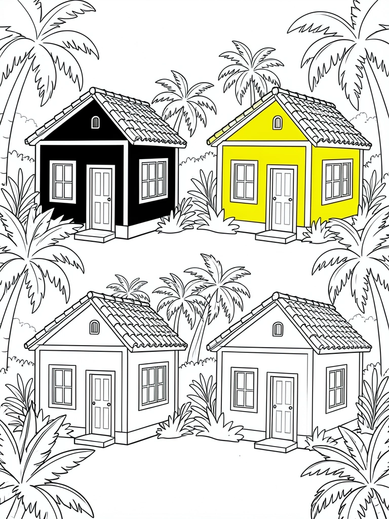 Quatro casas em linha com telhados típicos e portas brancas, em cores vibrantes de azul, amarelo, vermelho e branco, fundo branco puro, estilo line art.
