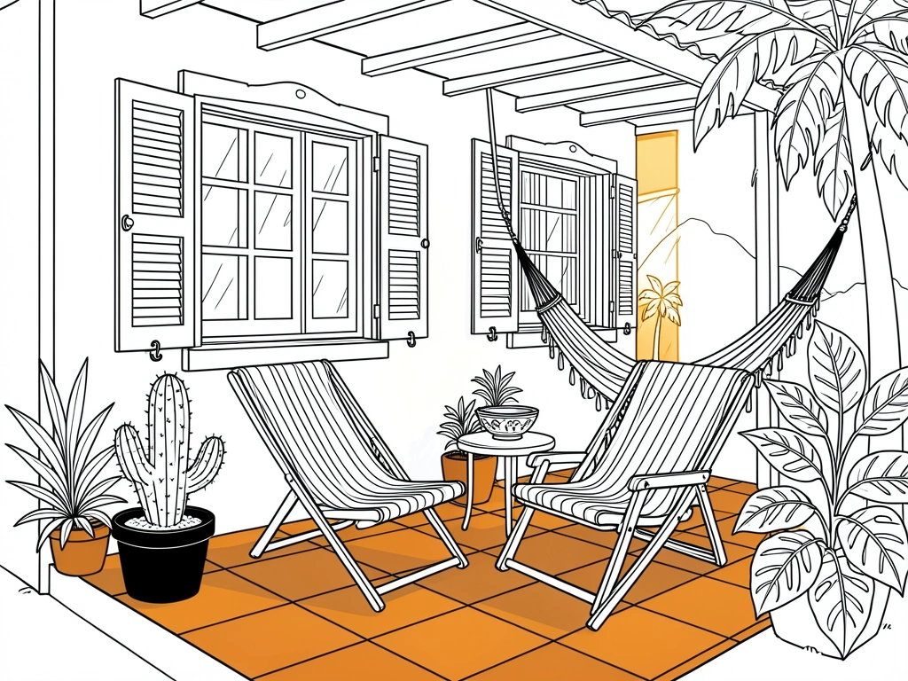 Casa laranja com persianas brancas, cadeira listrada e vaso de cacto preto em pátio de azulejos marrons, luz solar dourada.
