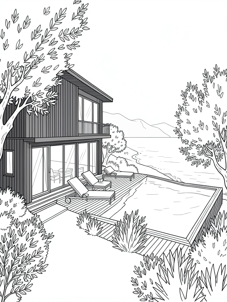 Casa moderna de dois andares com fachada de madeira escura, piscina infinita voltada para o oceano e deck com espreguiçadeiras, luz natural do dia.