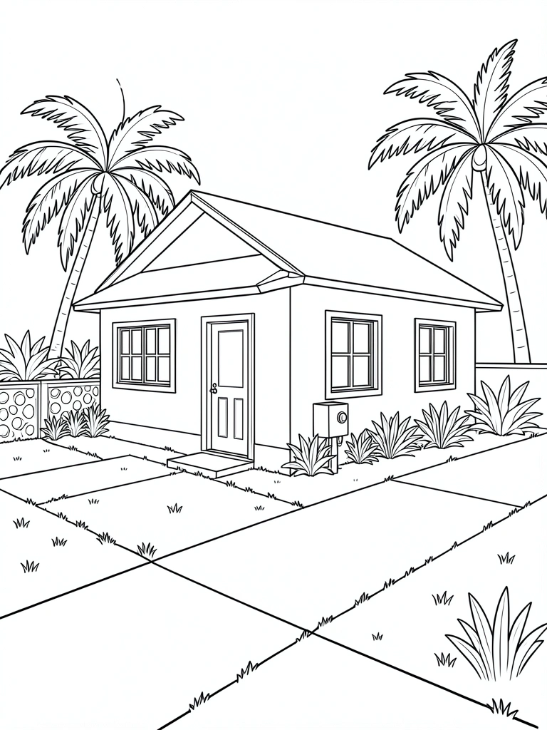 Casa pequena bege com telhado branco, grama verde e caminho de concreto, caixa elétrica branca e muro baixo com palmeiras, luz natural intensa.