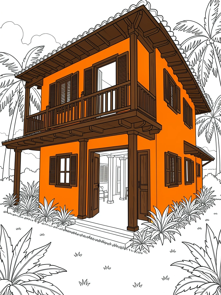 Casa laranja com varanda de madeira escura e palmeiras ao fundo, porta aberta revela interior claro com colunas de madeira.