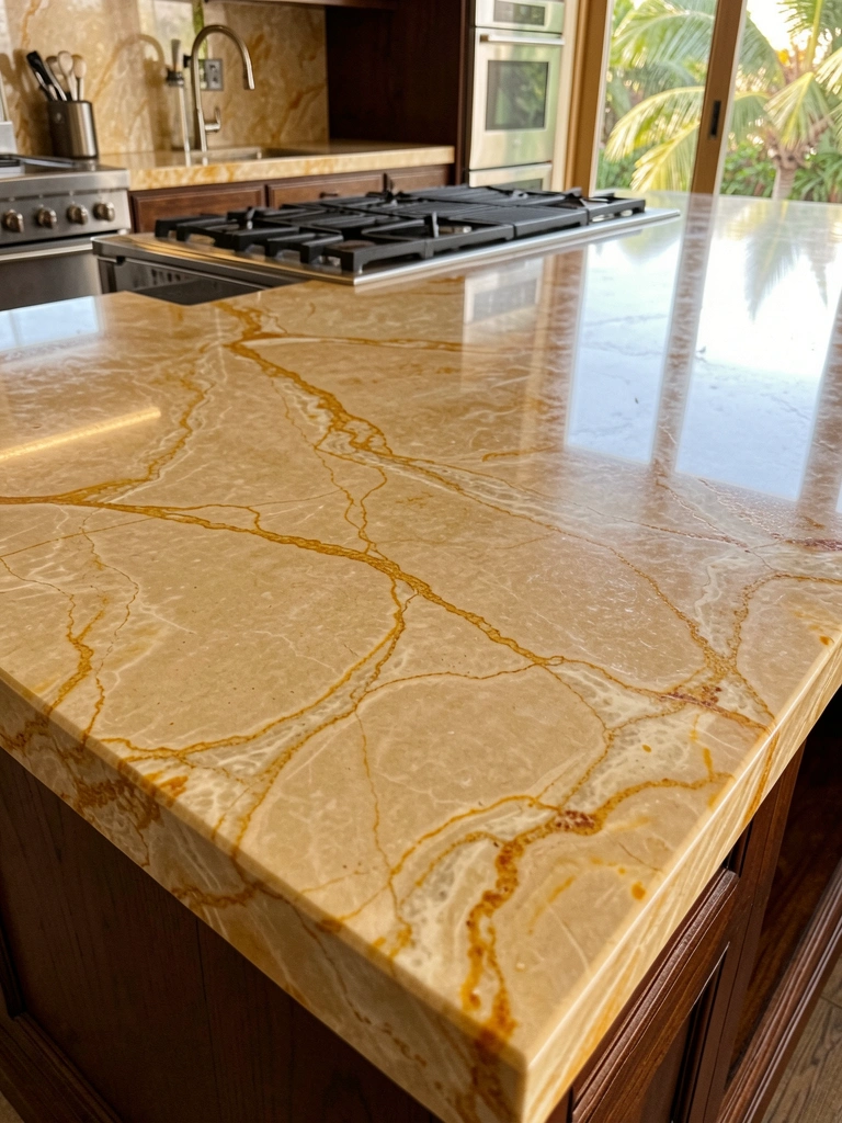 Mármore dourado com veios âmbar em ilha de cozinha, bancada polida reflete luz natural, armários de madeira escura contrastam